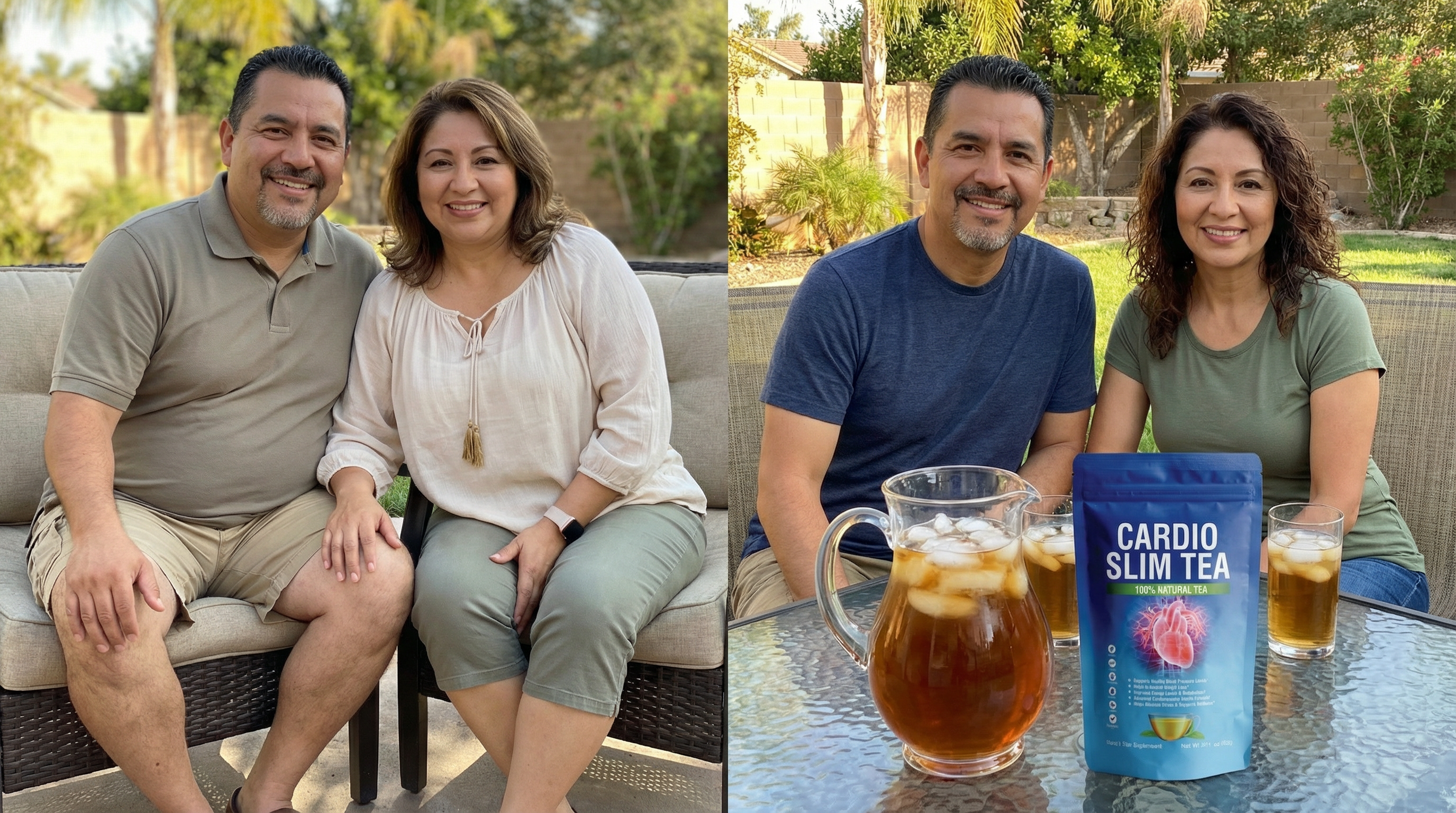 Robert M and partner before and after — reached 120/80 for first time, lost 42 pounds, back to active lifestyle