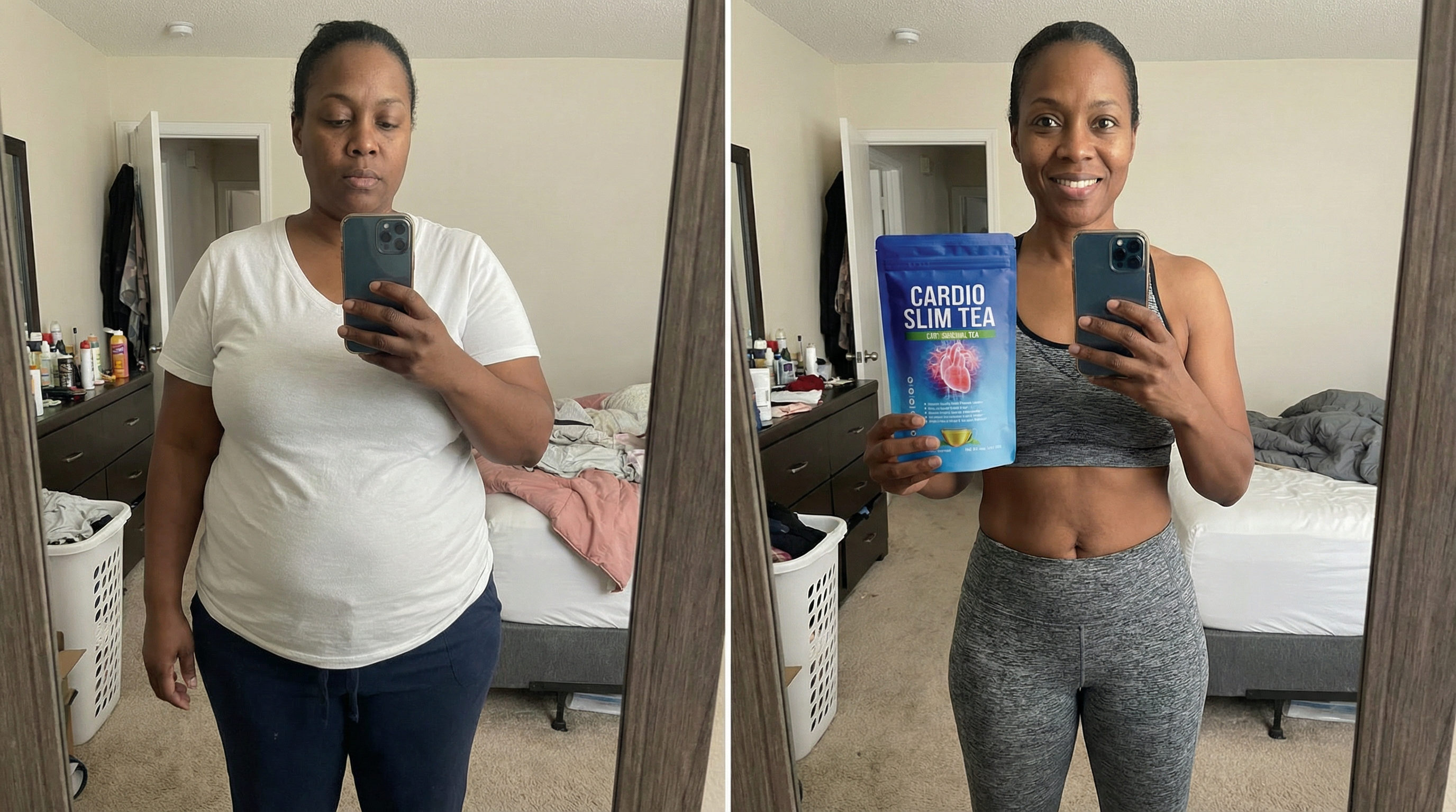 Jackie L. before and after — started at 145/90 taking two medications, added Cardio Slim Tea to healthy eating routine, dropped to 128/80 and lost 52 pounds