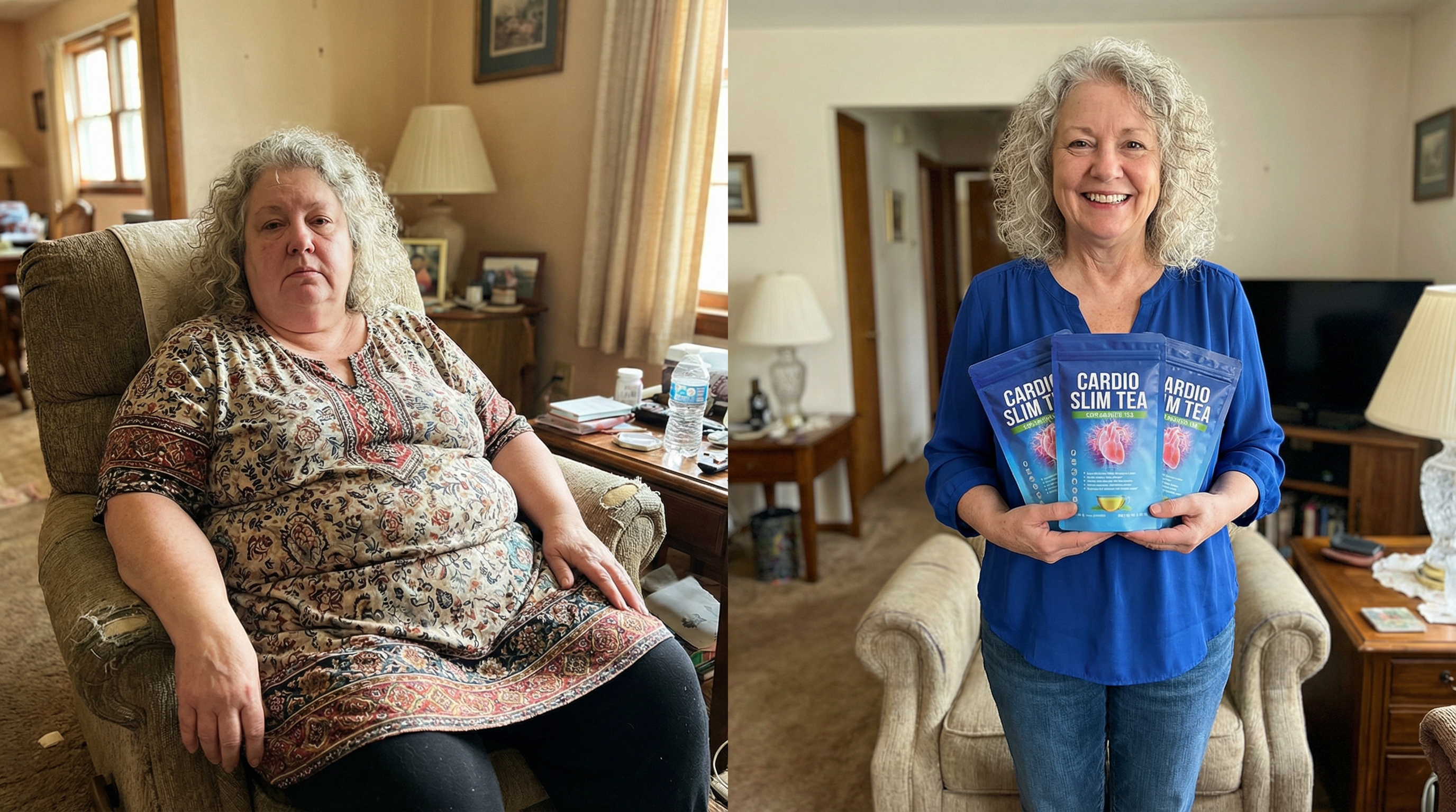 Margaret W. before and after — was already eating well, added Cardio Slim Tea, blood pressure dropped from 150/95 to 118/78 and came off most medications